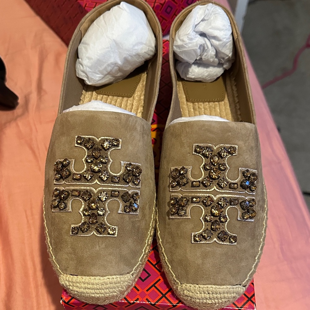 Tory Burch Tan Embellished Espadrilles